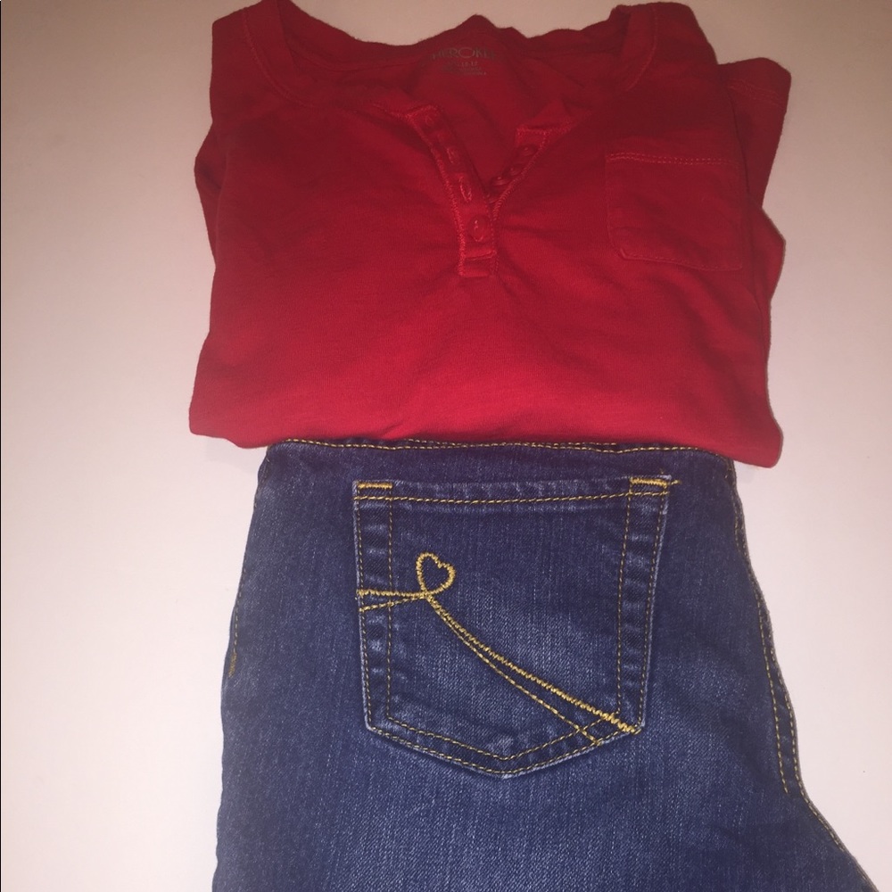 Girls 10/12 red Henley and blue jean pants outfit